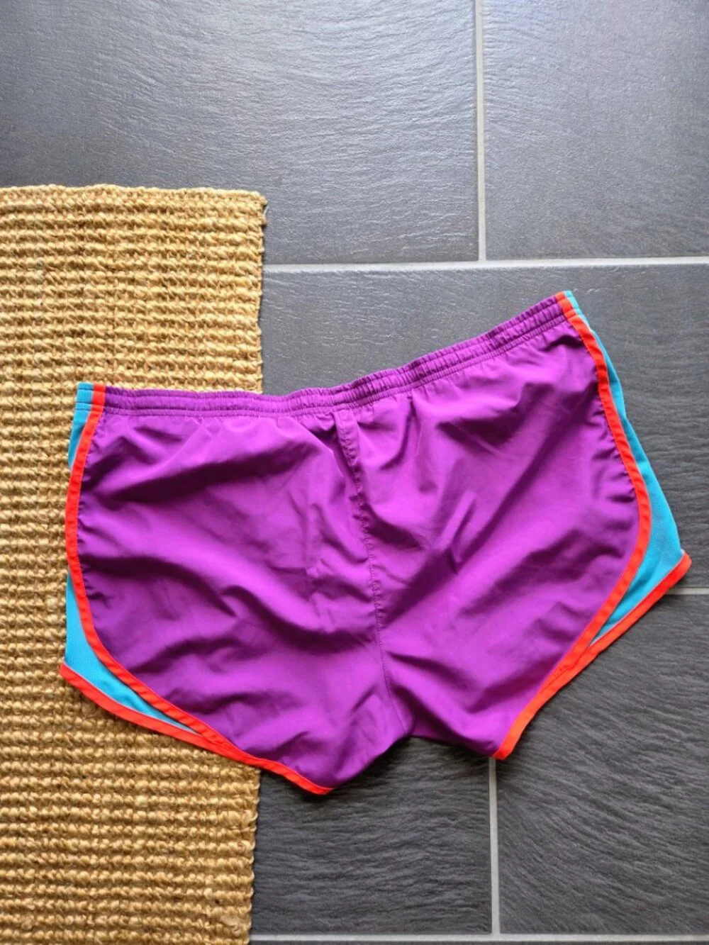 Nike DRI-FIT 3 Race Dolphin Hem Running Shorts Purple Turquoise Orange - Medium
